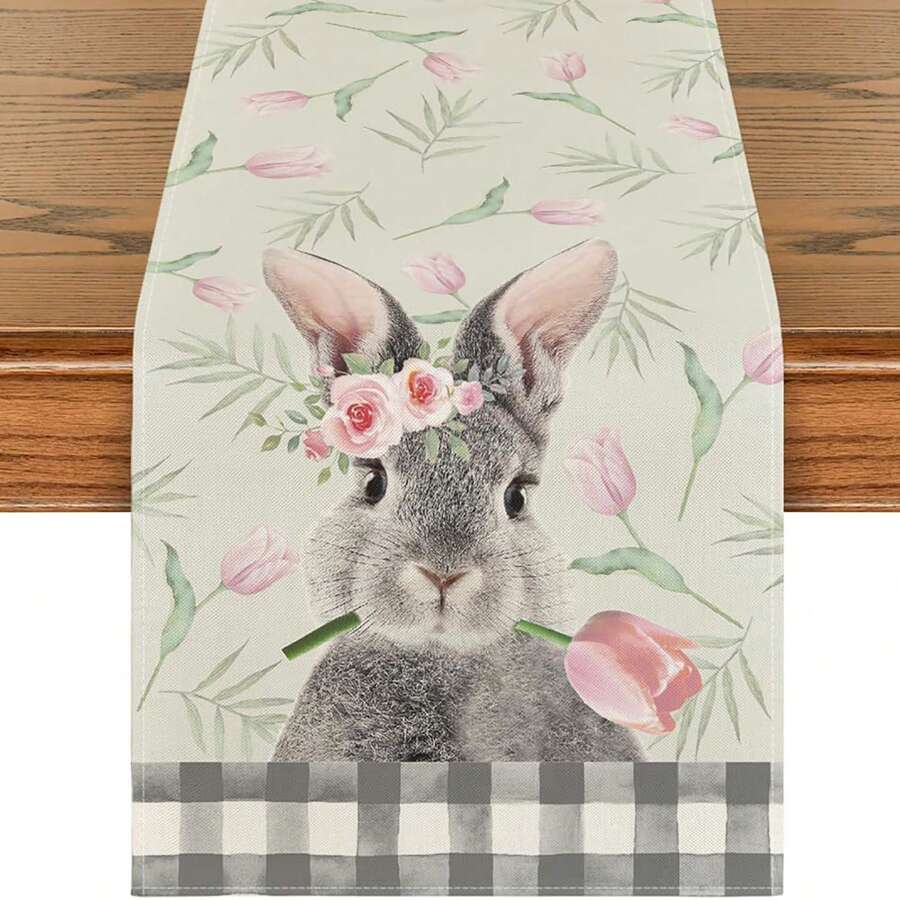 1入組帶有花卉的復活節彩蛋兔亞麻桌布，適用於客廳、入口走廊、廚房、餐桌的氛圍場景裝飾 - 彩色 - 查看 1