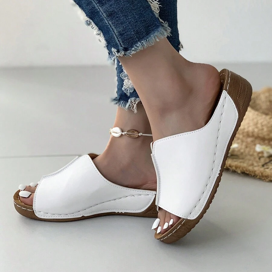 Zapatillas De Plataforma De Fondo Grueso Con Tacones Para Mujeres, Antideslizante, Punta Abierta, Suela Blanda, Estilo Retro - Blanco - Ver 1