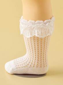 1pair Soft, Breathable, Solid White Princess Style Over-The-Knee Socks For Baby Girls