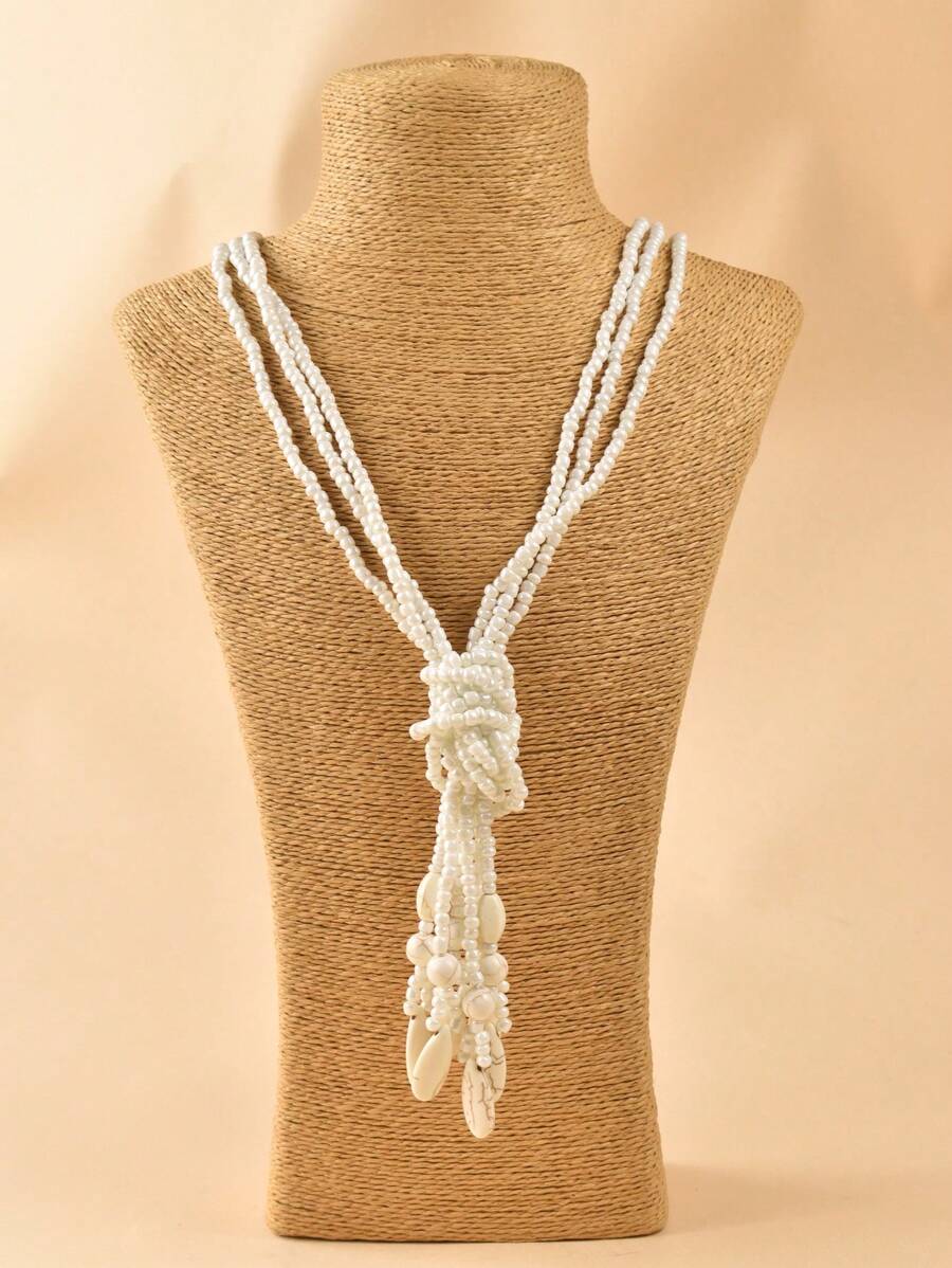 Bohemian Knotted Rice Bead Necklace For Women - White - View 1