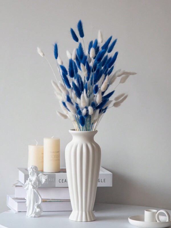 90/150pcs Bunny Tail Dried Pampas Grass Floral Bouquet, Blue & White, Boho Dining Table Decor, White Bunny Tail Pampas Grass For Wedding, Home, Country Party, Baby Shower Decoration, Valentine's Day, Gift Gifts Birthday Graduation,Fall Decor,Autumn