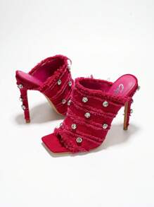 Women's   Fringe Gem Trim Square Peep Toe Heels - Single Square Toe Denim High Heel For Casual Parties - 粉色 - 查看 2