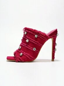 Women's   Fringe Gem Trim Square Peep Toe Heels - Single Square Toe Denim High Heel For Casual Parties - 粉色 - 查看 4