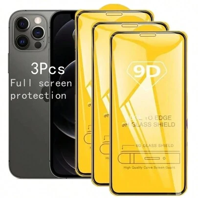 3入組9d全屏防墜防刮高清黑邊鋼化玻璃屏幕保護貼,適用於蘋果、三星、oppo、vivo、小米、紅米和其他手機品牌