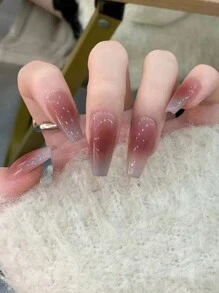 24入組中長款芭蕾指甲設計，漸層藍色和腮紅圖案 + 1入組果凍膠 + 1入組指甲文件美甲套裝，直貼式假指甲美甲用品 - 彩色 - 查看 1