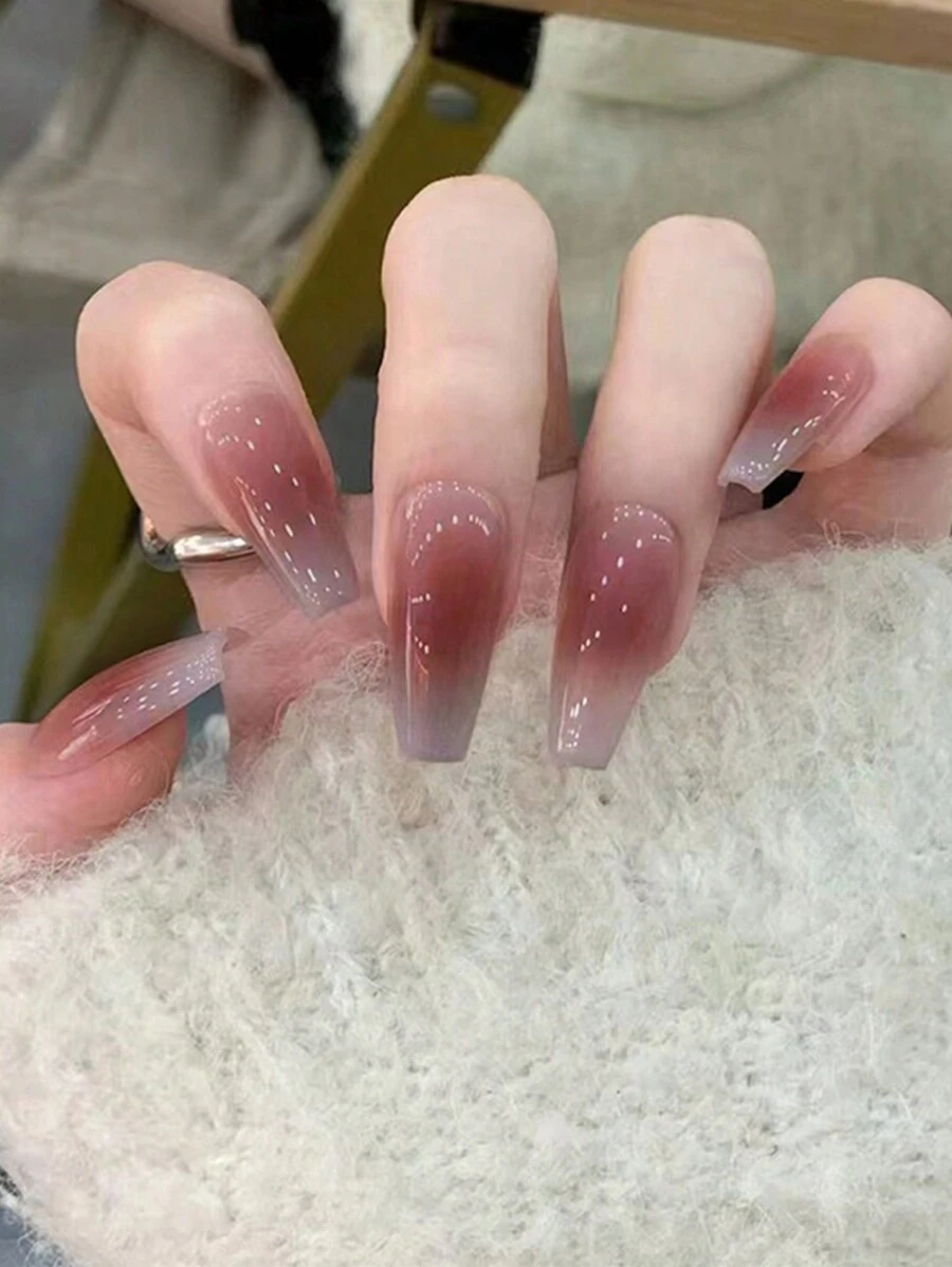 24入組中長款芭蕾指甲設計，漸層藍色和腮紅圖案 + 1入組果凍膠 + 1入組指甲文件美甲套裝，直貼式假指甲美甲用品 - 彩色 - 查看 1