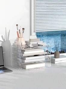1pc Stackable Desktop Storage Box, Transparent Document Tray, Acrylic Material File Storage Container, For Storing Paper, Magazine, Office Supplies - Clear - View 9