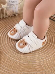 1pair Boys' Cartoon Bear Corduroy Sneakers With Flat Sole Fashionable For Parties And Cute For Sports, Suitable For Spring And Summer - White - View 3