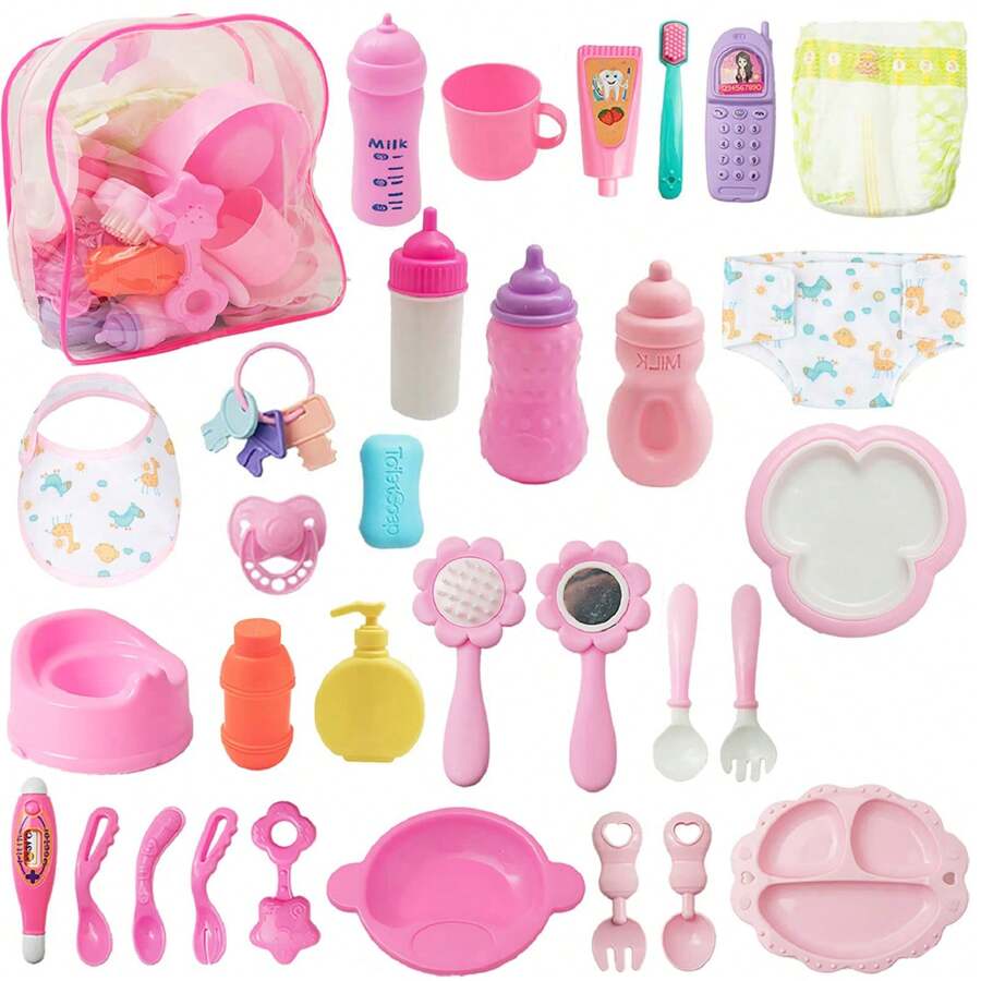 34 Pieces Baby Doll Care Set Doll Feeding And Changing Accessories Set