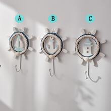 1 pieza Gancho de ropa estilo mediterráneo, decoración del hogar de madera, forma de timón de metal, gancho colgante - Azul - Ver 4