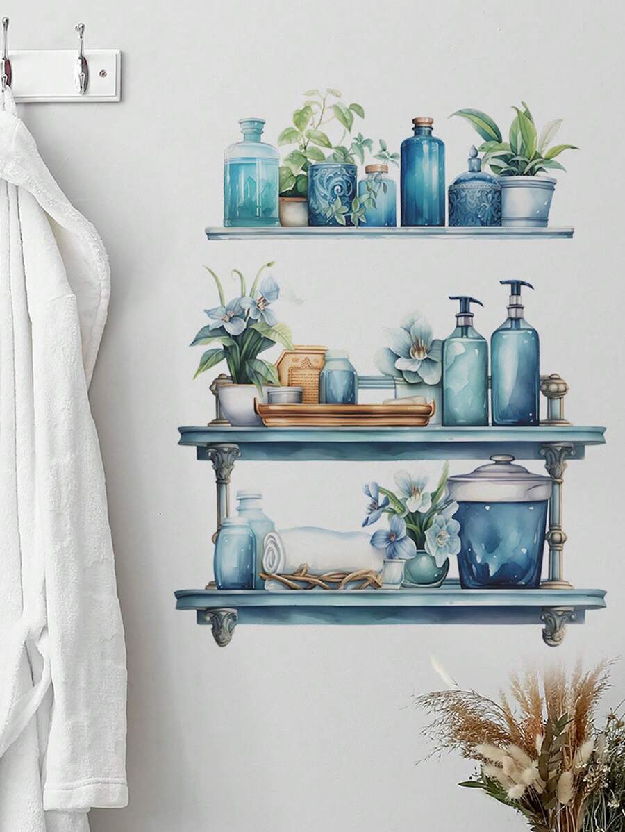 mama look 1 miếng dán tường phòng khách thiết kế kệ và chai màu xanh nước, nhãn dán, decal dán tường, decal vinyl trang trí nhà cửa, vật dụng trang trí mùa xuân làm mới ngôi nhà của bạn, nhãn dán trang trí Rama quà tặng sinh nhật tốt nghiệp - Màu xanh lam - Xem 1