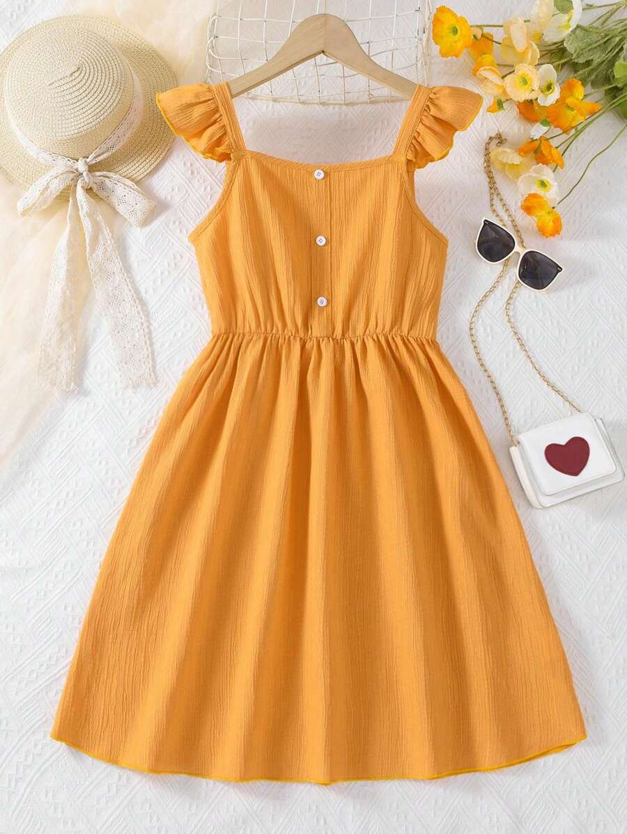 Tween Girl Casual Solid Color Ruffle & Decor Trim Square Neckline Dress For Summer - Yellow - View 1