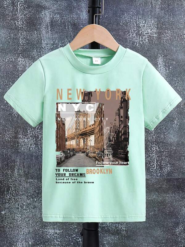 T-shirt met korte mouwen en landschapsprint voor jonge jongens