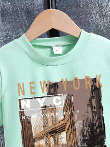 Young Boy Landscape Printed Short Sleeve T-Shirt - Green - View 3