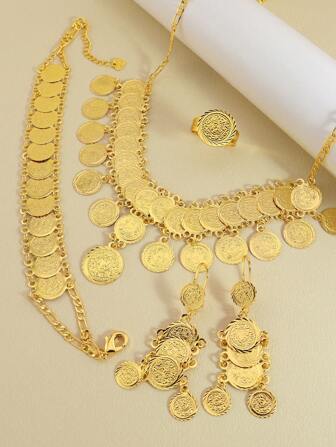 Conjunto De 5 Piezas De Joyas De Cobre Con Monedas Texturizadas De Oro, Adecuado Para Regalo De Vacaciones Y Fiesta Para Mujeres