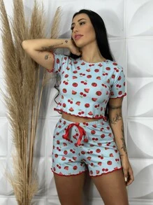 Pijama Feminino Adulto Ondinha Cropped Baby Doll Short Estampado Suede Roupa de Dormir