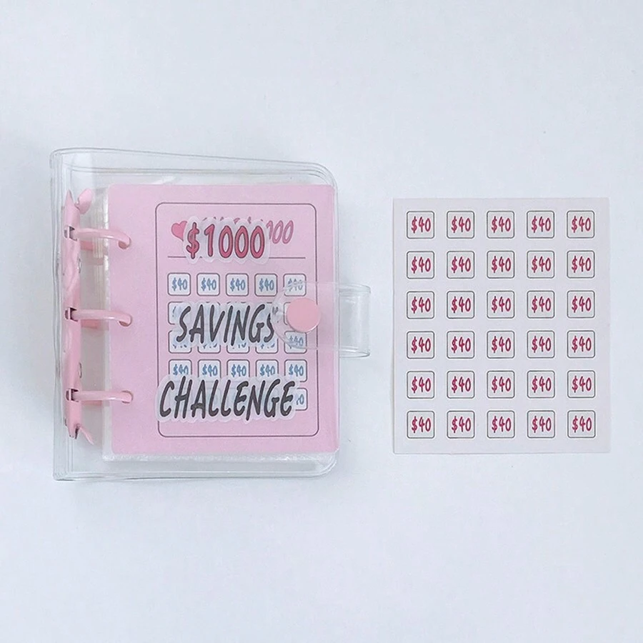 1pc PVC 3-Ring Mini Savings Challenge Binder With Envelope, Saving $1000 - Pink - View 1