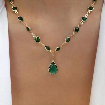 1pc Vintage Green Rhinestone Decor Choker Necklace Waterdrop-Shaped Pendant Necklace For Women Daily Wear
