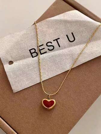 1條紅色滴油墜飾不銹鋼項鍊，18K鍍金金飾