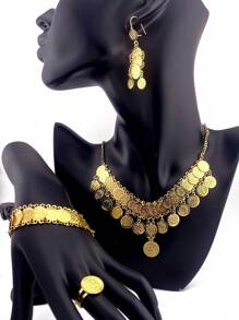 5pcs/Set Textured Gold Coin Copper Jewelry Set, Suitable For Women's Holiday Gift & Party Wear - Yellow Gold - View 2