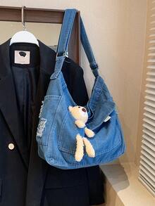 1pc (17.3in*12.6in*5.1in) Fashionable Washed Denim Large Capacity Women's Crossbody Bag, With Cute Cartoon Bear Decoration, Foldable & Washable, Convenient For Travel, Study And Work - Blue - View 6