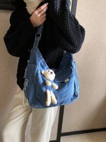 1pc (17.3in*12.6in*5.1in) Fashionable Washed Denim Large Capacity Women's Crossbody Bag, With Cute Cartoon Bear Decoration, Foldable & Washable, Convenient For Travel, Study And Work - Blue - View 2