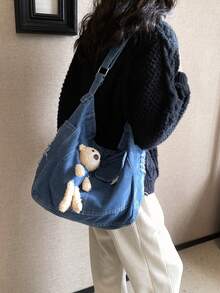 1pc (17.3in*12.6in*5.1in) Fashionable Washed Denim Large Capacity Women's Crossbody Bag, With Cute Cartoon Bear Decoration, Foldable & Washable, Convenient For Travel, Study And Work - Blue - View 3