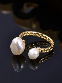 1 件 18K 镀金可调节天然珍珠双层女士戒指，手工制作