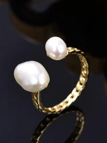 1 件 18K 镀金可调节天然珍珠双层女士戒指，手工制作