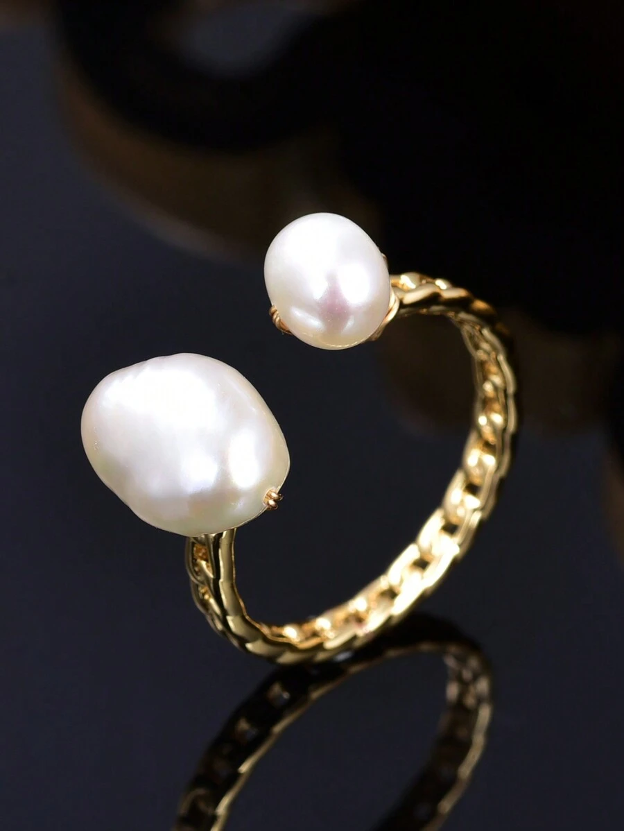 1 件 18K 镀金可调节天然珍珠双层女士戒指，手工制作