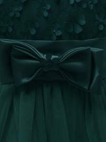 Young Girl Solid Color Sleeveless Elegant Dress With 3D Flower And Bow Decor