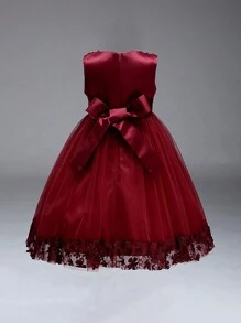 Young Girl Sleeveless Solid Color Elegant Dress With 3D Flower & Bow Decor, Headband Not Included - Burgundy - View 4
