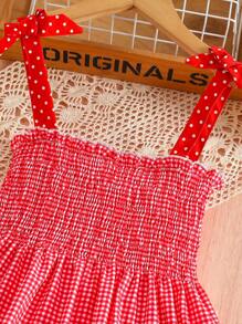 Tween Girl Strawberry Velvet Gingham Strap Dress - Red - View 6