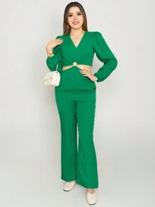 Beautiful Summer Fashion Palazzo With Solid Color, Side Cuts And Texture - Green - View 5
