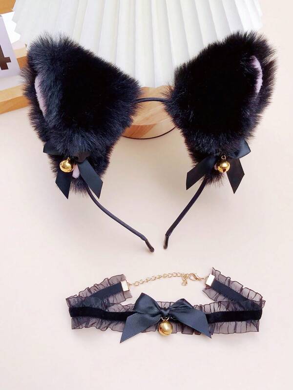 1 Set Of 2pcs Women Black Sexy Mesh Furry Ear Headband, Bow Tie Choker With Bell, Costume Accessories For Halloween, Party, Gift