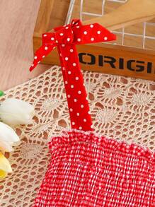 Tween Girl Strawberry Velvet Gingham Strap Dress - Red - View 5