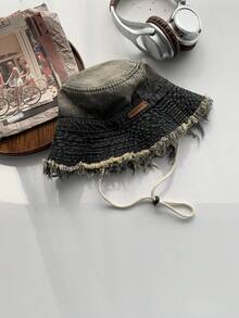 Street 1pc Gradient Edge Denim Bucket Hat For Women, Japanese-Style, Summer Outdoor Sun Protection - Multicolor - View 3