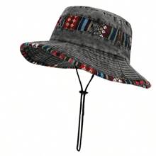 Boho Unisex Sombrero de sol de ocio al aire libre estilo vaquero Anti-UV para pesca para hombres con ala ancha (posición del botón y patrón de tela aleatorio) - A - Ver 1
