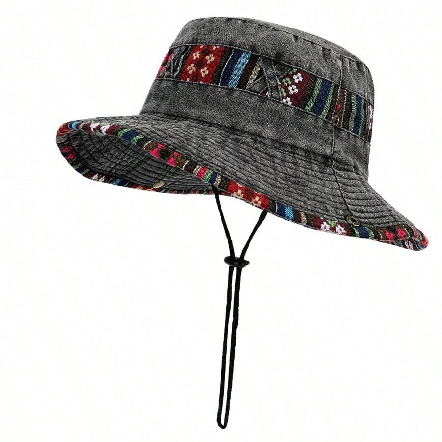 Boho Unisex Sombrero de sol de ocio al aire libre estilo vaquero Anti-UV para pesca para hombres con ala ancha (posición del botón y patrón de tela aleatorio) - A - Ver 1