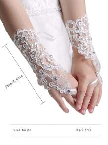 1pair Kids' Lace Hollowed-Out Fingerless Gloves With Embroidery, Sequin And Bead Decor For Wedding And Performance - White - View 5