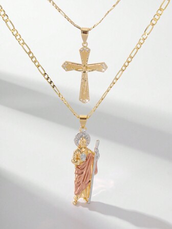 2 件时尚简约闪亮铜质牧师和吊坠项链套装，适合母亲/情人节情侣/最好的朋友/礼物，适合日常或节日佩戴，祈祷情人节