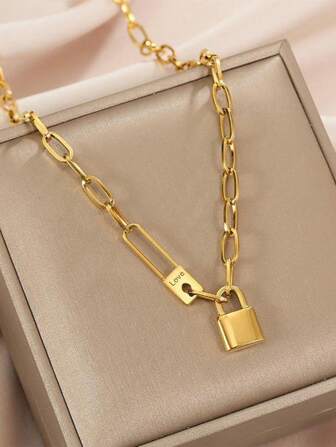 VceTd 1 pieza Collar con colgante de candado y cadena de clips de papel minimalista, collar con colgante de acero inoxidable adecuado para fiestas y uso diario de mujeres o como regalo