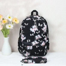 Juego De 2 Mochilas Negras Para Estudiantes (mochila Y Estuche), Con Diseño De Impresión De Dibujos Animados De Moda, Gran Capacidad De Tela De Nilón Y Tela Oxford, Suave E Impermeable, Adecuada Para La Escuela, El Trabajo Y Viajar, Como Regalo Para Estudiantes - Negro - Ver 1