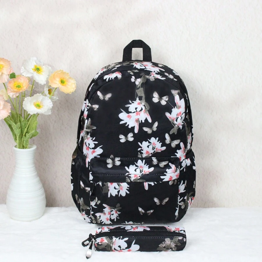 Juego De 2 Mochilas Negras Para Estudiantes (mochila Y Estuche), Con Diseño De Impresión De Dibujos Animados De Moda, Gran Capacidad De Tela De Nilón Y Tela Oxford, Suave E Impermeable, Adecuada Para La Escuela, El Trabajo Y Viajar, Como Regalo Para Estudiantes - Negro - Ver 1