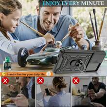 1 件黑色带滑动相机盖和旋转磁环支架，重型超薄防震混合坚固防摔保护套女士男士女孩手机壳苹果兼容 16pro/16promax/16plus/16/15pro/15promax 防水防摔防刮 - 黑色 - 查看 9