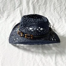 Boho 1pc Gemstone Malan Flower Hat With Handmade Hollow Out Design, 9cm Wide Brim Sunshade Cowboy Hat - Hollow - View 11