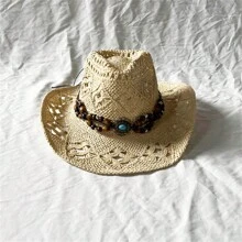 Boho 1pc Gemstone Malan Flower Hat With Handmade Hollow Out Design, 9cm Wide Brim Sunshade Cowboy Hat - Hollow - View 8