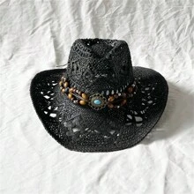 Boho 1pc Gemstone Malan Flower Hat With Handmade Hollow Out Design, 9cm Wide Brim Sunshade Cowboy Hat - Hollow - View 10
