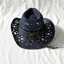 Boho 1pc Gemstone Malan Flower Hat With Handmade Hollow Out Design, 9cm Wide Brim Sunshade Cowboy Hat - Hollow - View 5