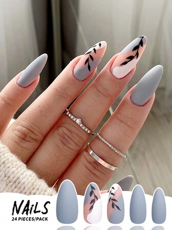 Actualiza Tu Look Con 24 Piezas De Uñas Postizas En Forma De Almendra - Hojas Negras, Rayas Azul Claro, Rosa Y Blancas, Colores Sólidos O Esmerilados - El Paquete Incluye Pegamento En Gelatina Y Lima De Uñas - Perfecto Para Fiestas, Bodas Y Uso Diario